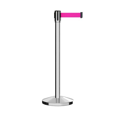 MONTOUR LINE Retractable Belt Barrier Stanchion, 2" Pol.Steel Post  11' Fl.Pnk Belt M530-PS-FPK-110